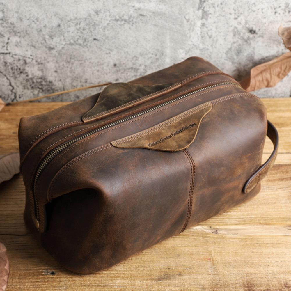 Trousse de Toilette Ancienne en Cuir Marron