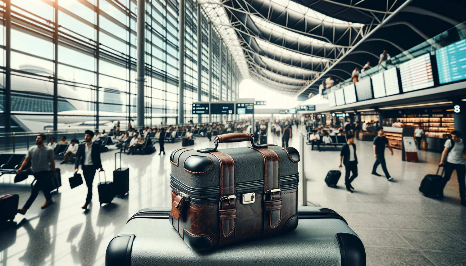 vanity pour homme sur une valise dans un aéroport